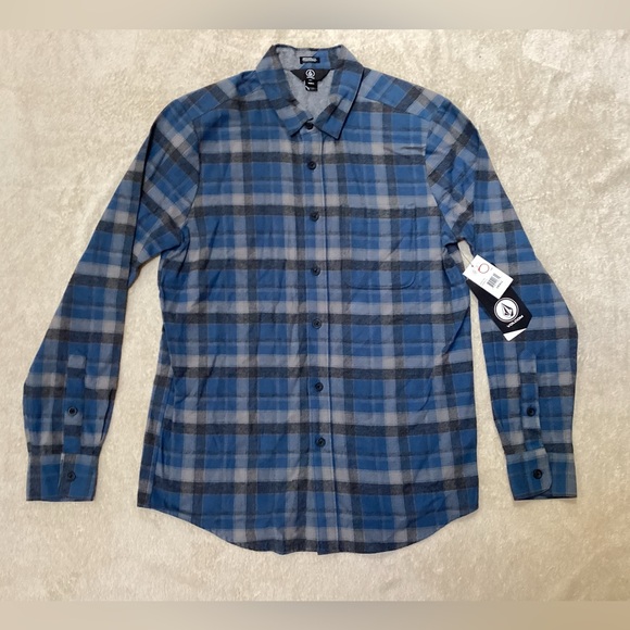 Volcom Blue and Gray Plaid Button Down Shirt - Picture 1 of 3